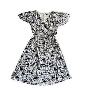 Lauren Ralph Lauren Dress Womens 14 Black White Floral Print Midi Belted Career